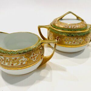 Hand Painted RC Nippon Vintage Gilded Creamer Lidded Sugar Server Set
